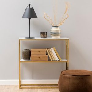 Arcata White Marble Glass Shelves Console Table With Gold Frame