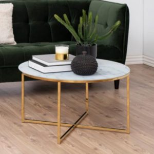Arcata White Marble Glass Coffee Table Round With Gold Frame