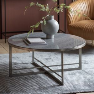 Nectar Round Grey Marble Coffee Table With Silver Metal Frame