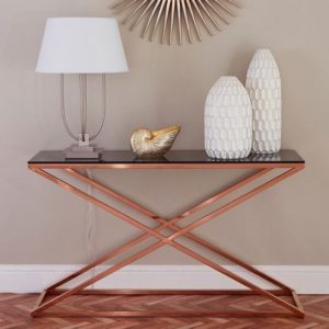 Orson Glass Console Table In Smoked Amber With Gold Finish Frame