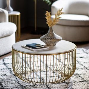 Rugby Marble Top Coffee Table In White With Gold Metal Frame