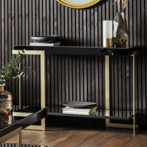 Amana Glass Top Console Table In Black With Golden Metal Frame