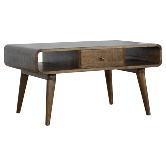Bacon Wooden Curved Coffee Table In Grey Washed With 2 Drawers