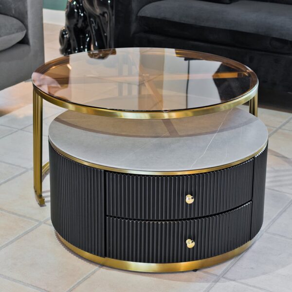 Groton Glass Top Coffee Table With 2 Drawers In Black And Gold