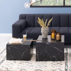 Delft Wooden Square Nesting Coffee Tables In Black Marble Effect