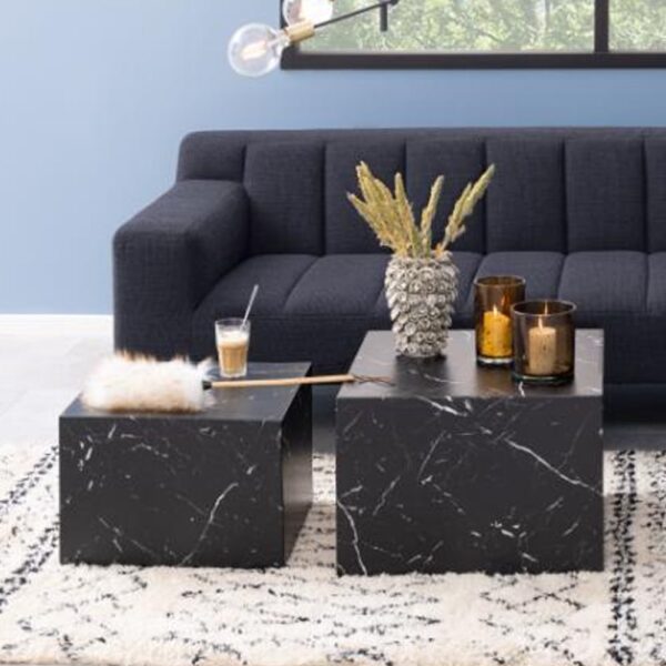 Delft Wooden Square Nesting Coffee Tables In Black Marble Effect