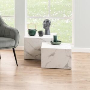 Delft Wooden Square Nesting Coffee Tables In White Marble Effect