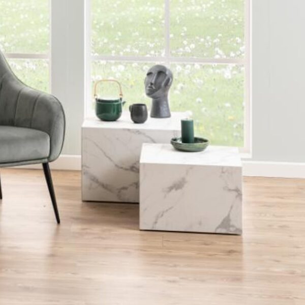 Delft Wooden Square Nesting Coffee Tables In White Marble Effect