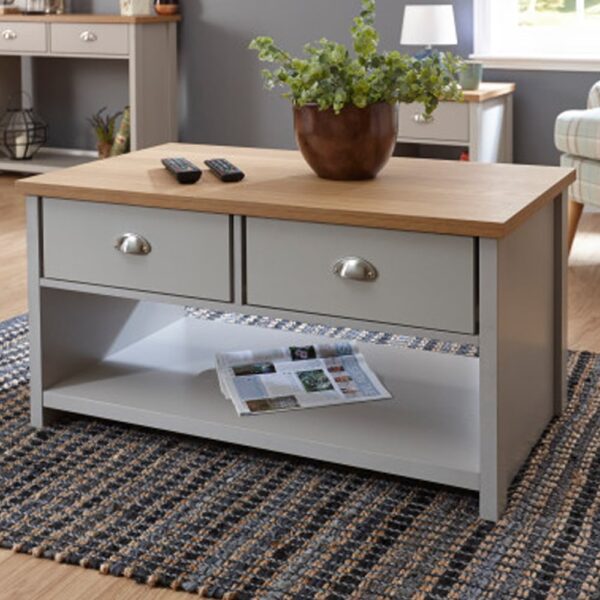 Loftus Wooden Coffee Table With 2 Drawers In Grey And Oak