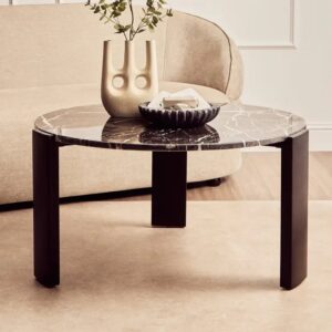 Paramus Large Black Marble Top Coffee Table With Wooden Legs