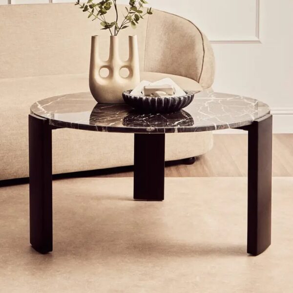 Paramus Large Black Marble Top Coffee Table With Wooden Legs