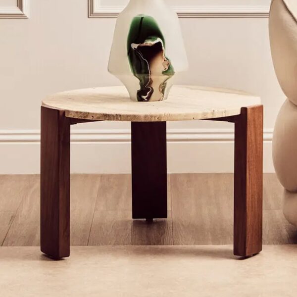 Paramus Small Cream Travertine Top Coffee Table With Wooden Legs