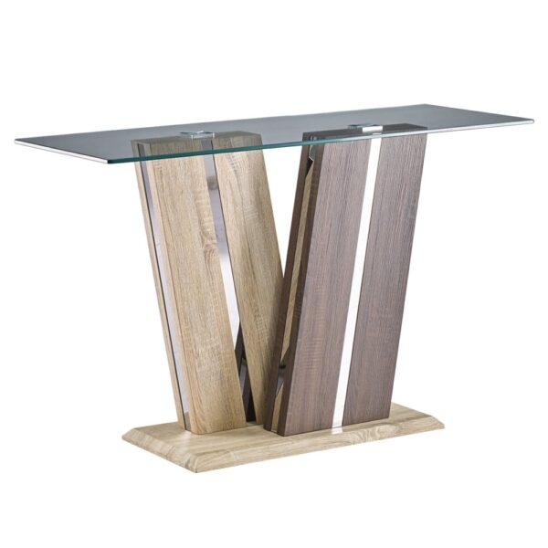 Craven Clear Glass Console Table With Dark And Light Wooden Base