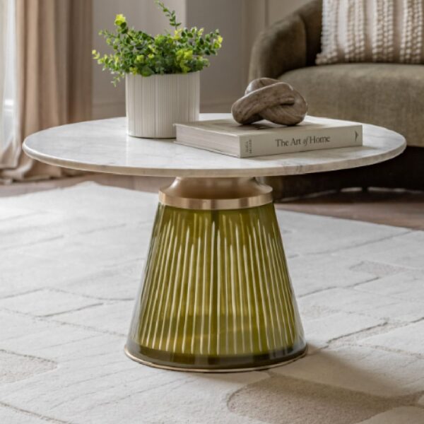 Salinas White Marble Top Coffee Table With Dusk Glass Base