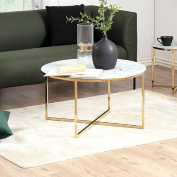 Arcata Glass Round Coffee Table In White Marble Effect