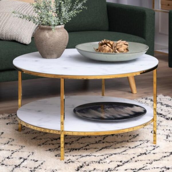 Arcata Glass Round Coffee Table With Shelf In White Marble Effect