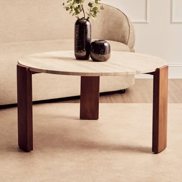 Paramus Large Cream Travertine Top Coffee Table With Wooden Legs