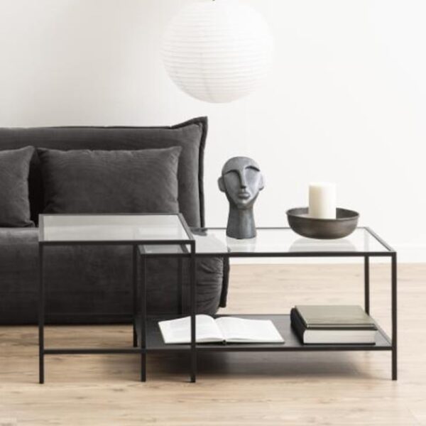 Salvo Clear Glass Nesting Coffee Tables With Matt Black Frame
