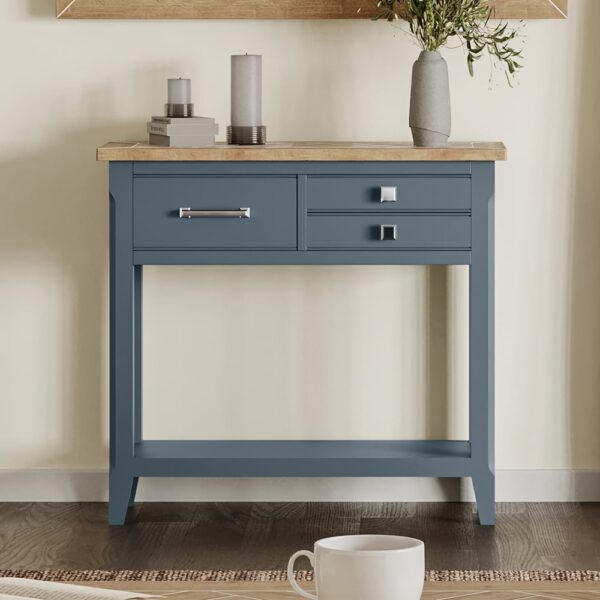 Sanford Wooden Console Table With 3 Drawers In Blue And Oak