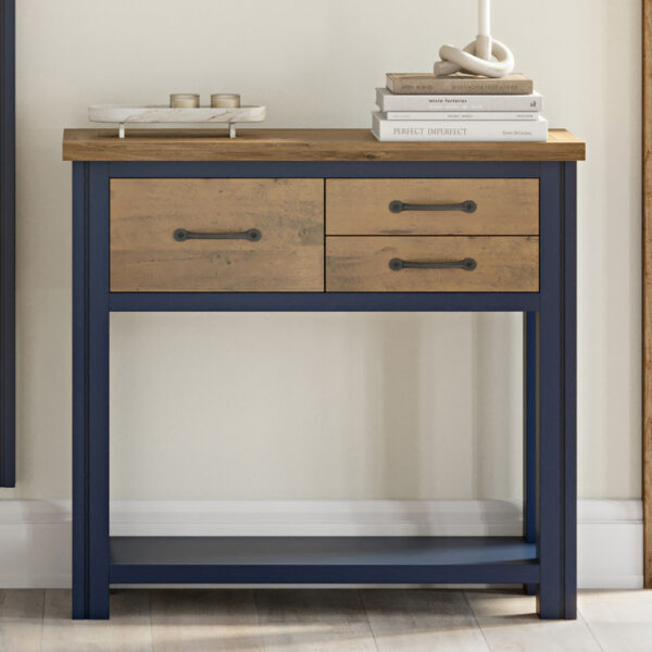 Savona Wooden Console Table With 3 Drawers In Blue And Oak