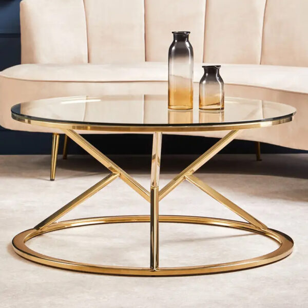 Allston Glass Round Coffee Table With Corseted Champagne Frame