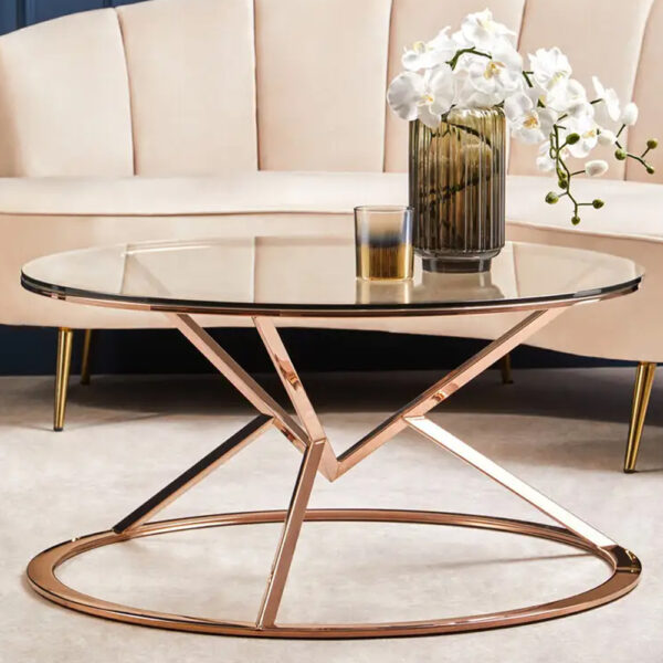 Allston Glass Round Coffee Table With Corseted Rose Gold Frame