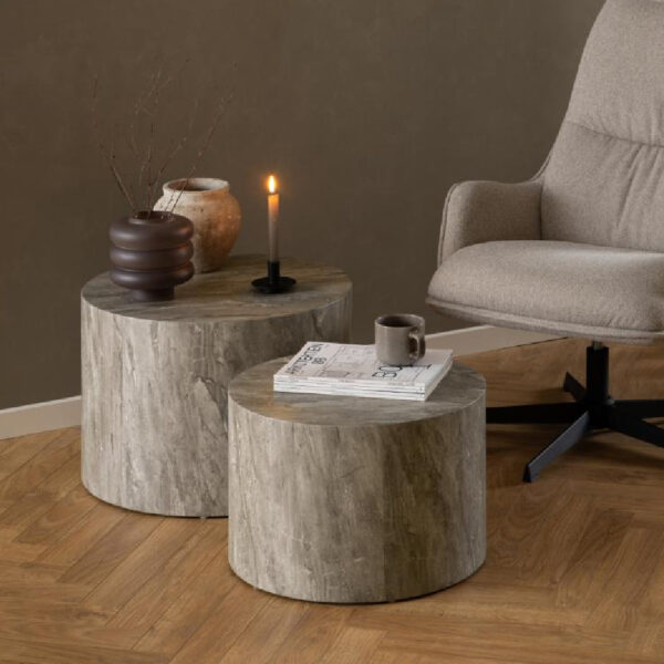 Delft Wooden Round Nesting Coffee Table In Grey Marble Effect