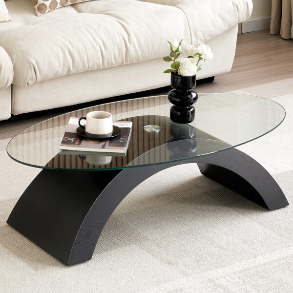Opel Oval Clear Glass Coffee Table With Black Oak Wooden Base