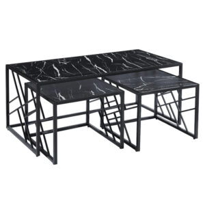 Ovid Gloss Black Marble Effect Nesting Coffee Tables With Black Frame