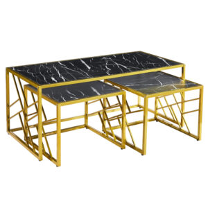 Ovid Gloss Black Marble Effect Nesting Coffee Tables With Gold Frame