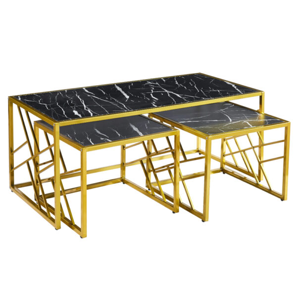 Ovid Gloss Black Marble Effect Nesting Coffee Tables With Gold Frame