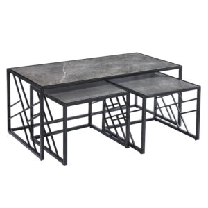 Ovid Gloss Grey Marble Effect Nesting Coffee Tables With Black Frame