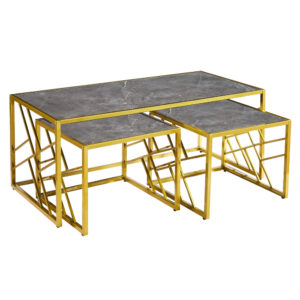 Ovid Gloss Grey Marble Effect Nesting Coffee Tables With Gold Frame