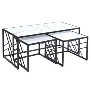 Ovid Gloss White Marble Effect Nesting Coffee Tables With Black Frame