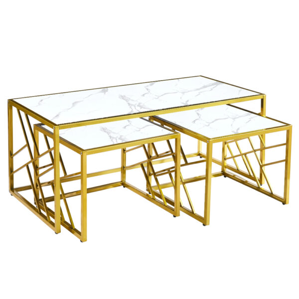 Ovid Gloss White Marble Effect Nesting Coffee Tables With Gold Frame
