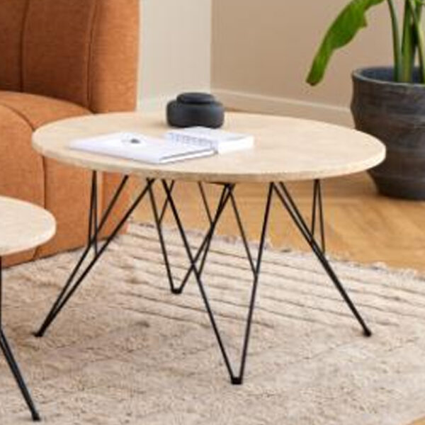 Putnam Wooden Coffee Table With Black Legs In Beige Travertine