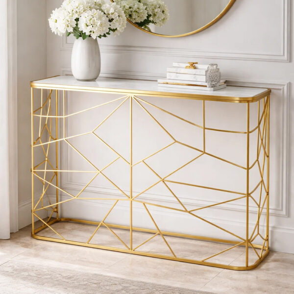 Carnation Gold Metal Console Table with Glass Top
