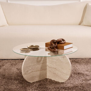Aerio Clear Tempered Glass Coffee Table with Travertine Wooden Base