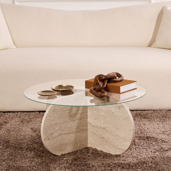 Aerio Clear Tempered Glass Coffee Table with Travertine Wooden Base