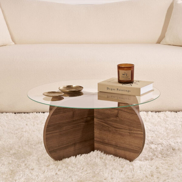 Aerio Clear Tempered Glass Coffee Table with Walnut Wooden Base