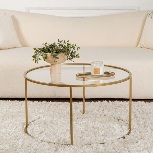 Aureo Clear Tempered Glass Coffee Table with Gold Metal Frame