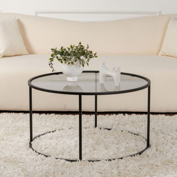 Aureo Grey Tempered Glass Coffee Table with Black Metal Frame