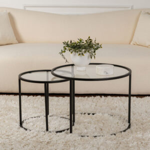 Aureo Small Clear Tempered Glass Nest Of 2 Coffee Tables with Black Metal Frame