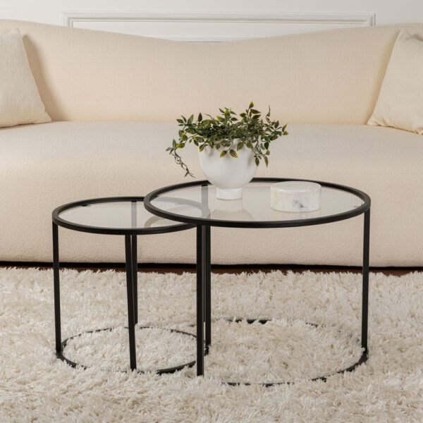 Aureo Small Clear Tempered Glass Nest Of 2 Coffee Tables with Black Metal Frame