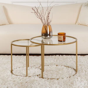 Aureo Small Clear Tempered Glass Nest Of 2 Coffee Tables with Gold Metal Frame
