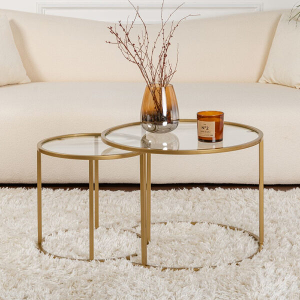 Aureo Small Clear Tempered Glass Nest Of 2 Coffee Tables with Gold Metal Frame
