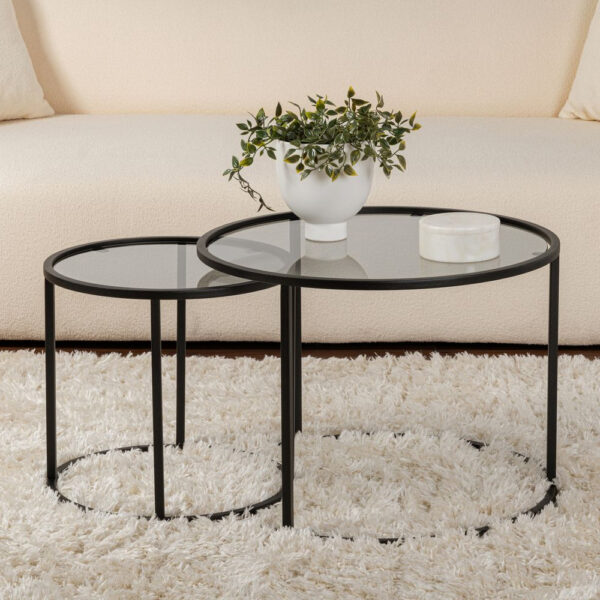 Aureo Small Grey Tempered Glass Nest Of 2 Coffee Tables with Black Metal Frame