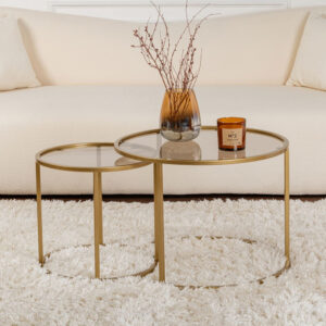 Aureo Small Tempered Glass Nest Of 2 Coffee Tables with Gold and Bronze Metal Frame