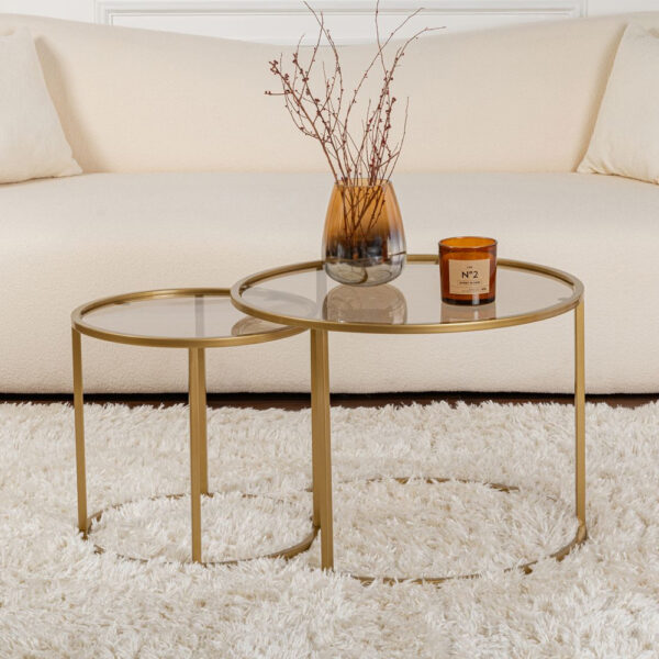 Aureo Small Tempered Glass Nest Of 2 Coffee Tables with Gold and Bronze Metal Frame