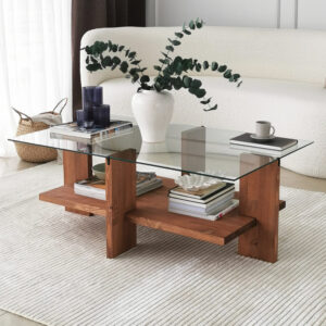 Babylonia Tempered Glass Coffee Table With Solid Wood Frame Walnut